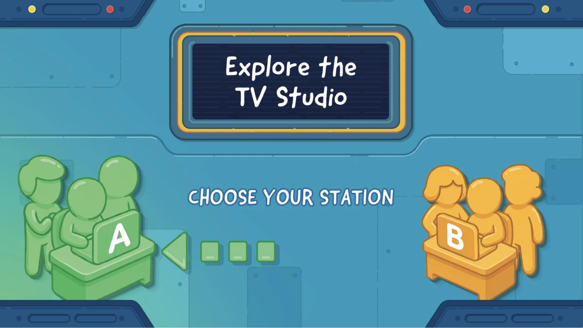 An Arcade Room game screen: Explore the TV Studio, choose your station